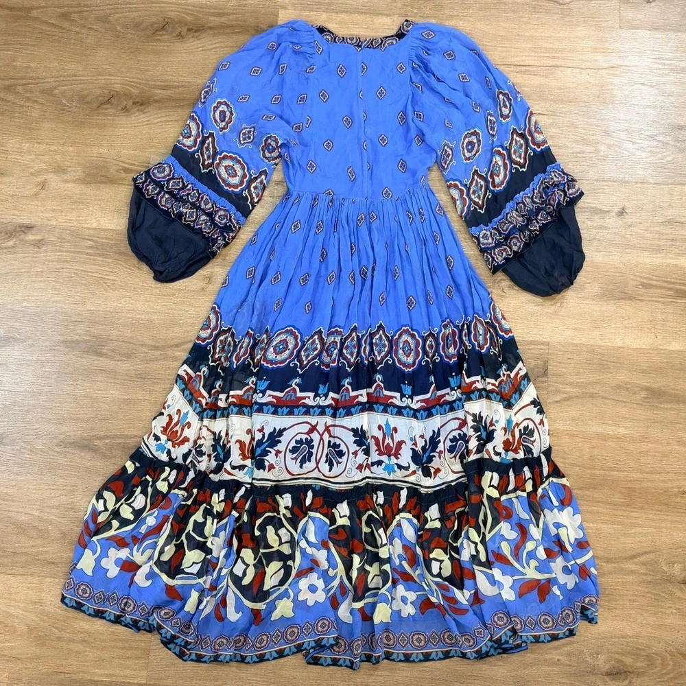 FARM Rio Anika Tiles Long Sleeve Blue Maxi Dress